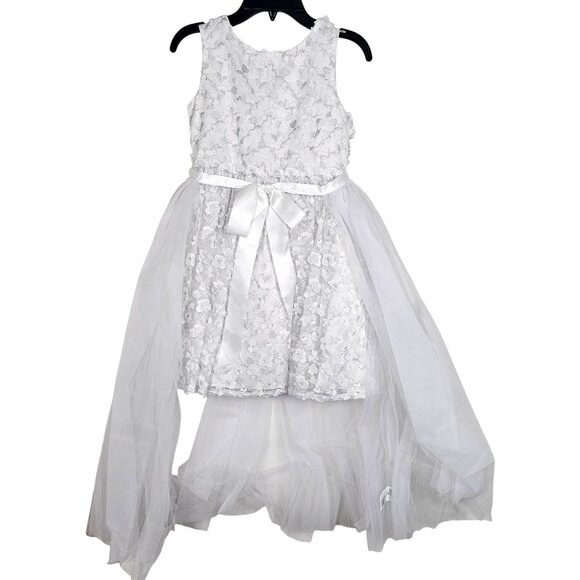 Badgley Mischka Girls White Floral Lace Tulle Dress W/ Satin Bow 2Pc Set Size 8 - Picture 1 of 14